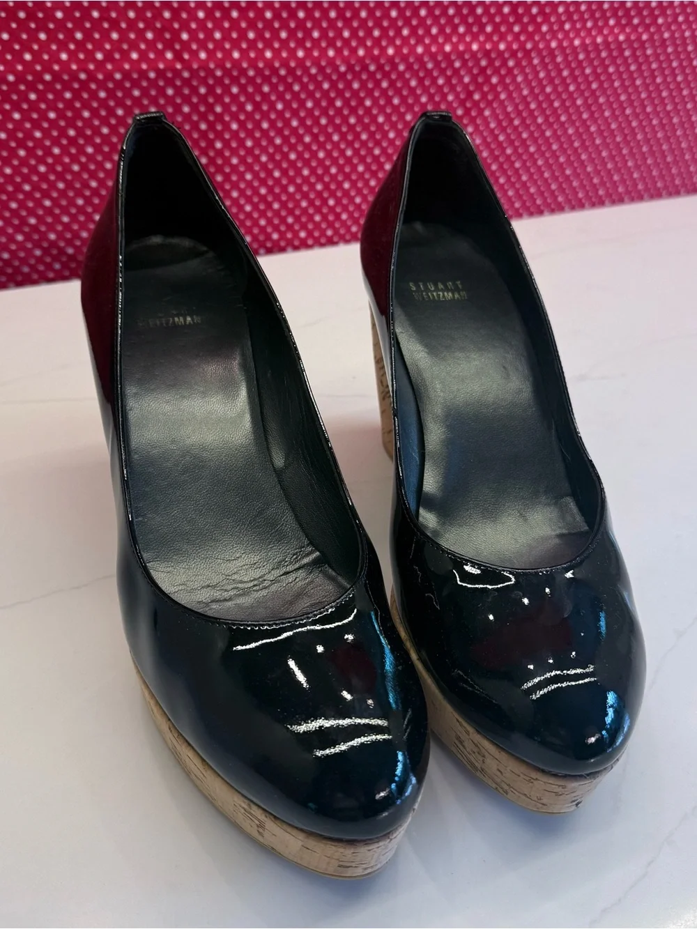 Stuart Weitzman Black Patent Cork Wedge Pumps, 11